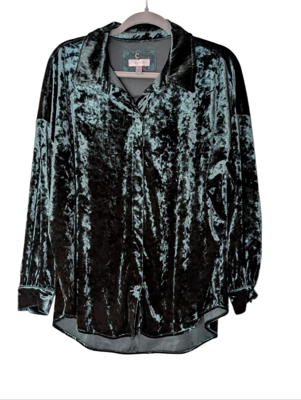 Cupio Crushed Velvet Button Down Shirt Green Long Sleeve Blouse Shacket size 1X